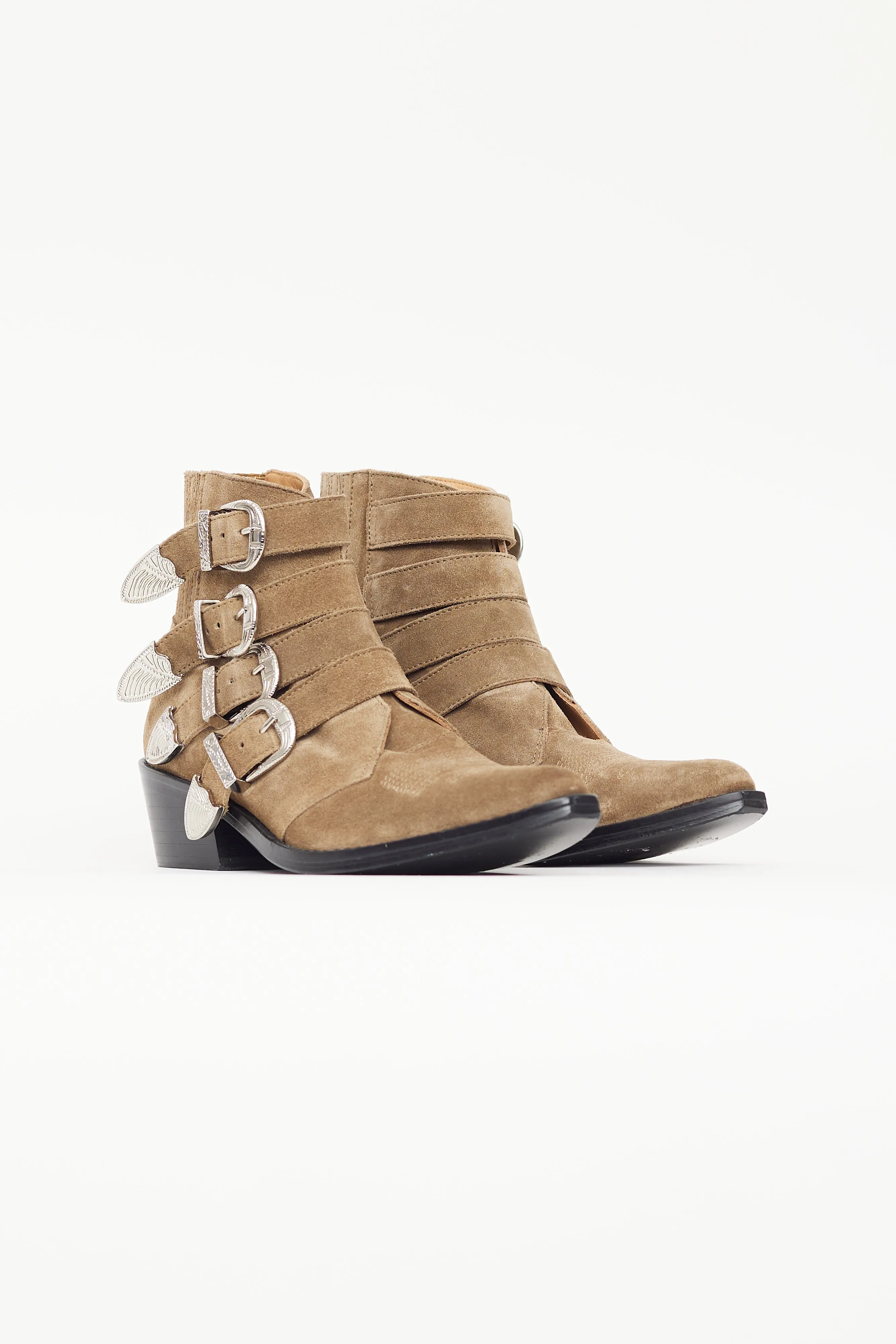 Beige Suede Buckled Ankle Boot