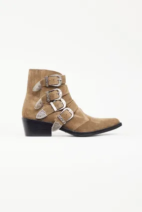 Beige Suede Buckled Ankle Boot