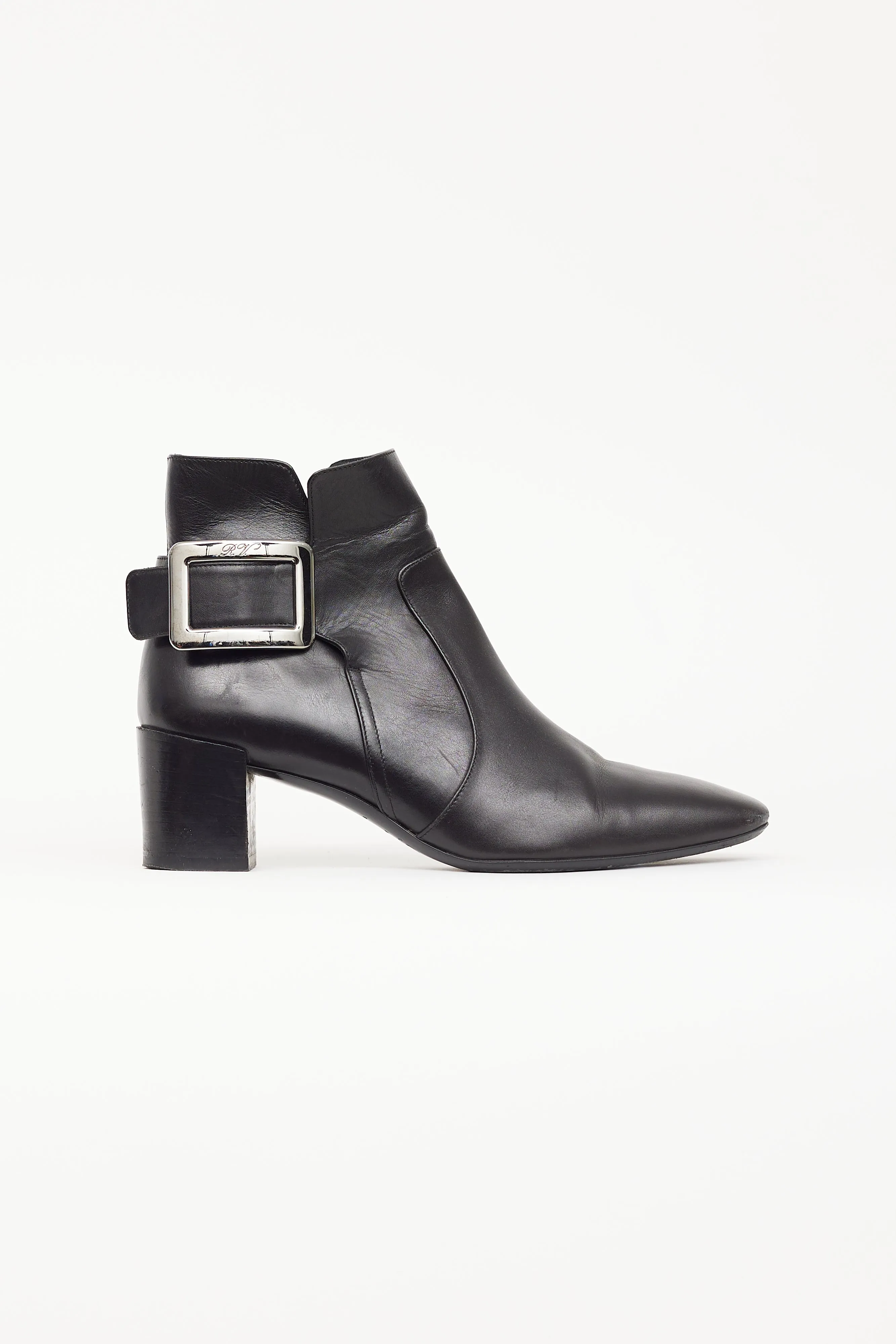 Black Leather & Silver Buckle Ankle Boot