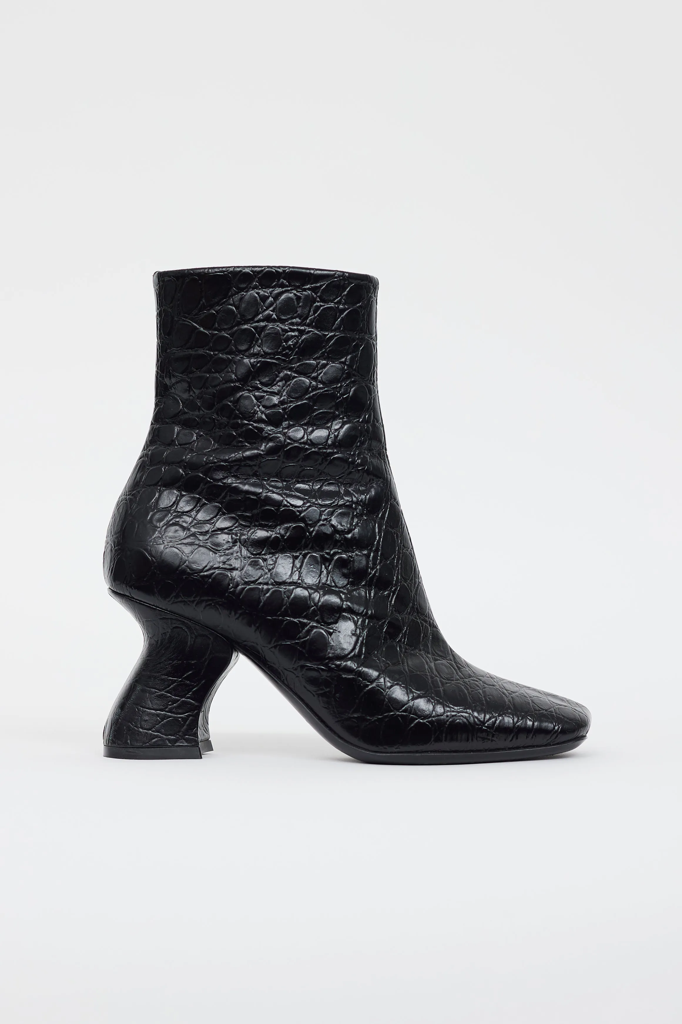 Black Leather Textured Abstract Heel Boot