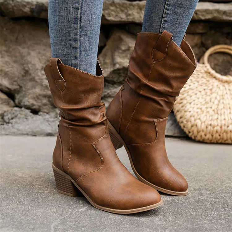 Boots Pleated One Foot Climbing Small High Heel Mid Top Western Denim Women Boots Medium Boots Women Boots