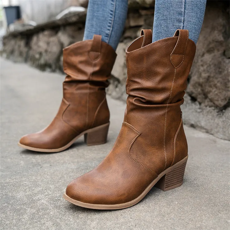 Boots Pleated One Foot Climbing Small High Heel Mid Top Western Denim Women Boots Medium Boots Women Boots